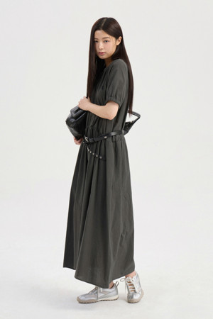 Chouetties by LUCKY CHOUETTE_Shirring Volume Short Sleeve Long Dress (dark grey)