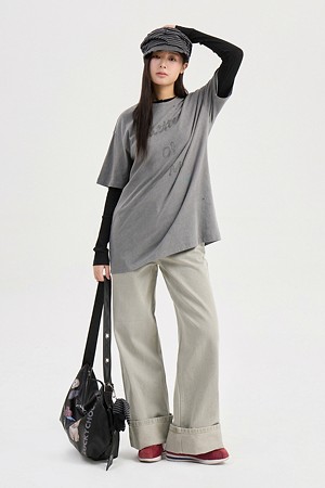 Chouetties by LUCKY CHOUETTE_Lettering Graphic Vintage Half Sleeve T-shirt (grey)