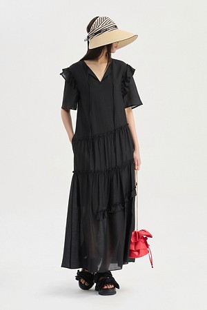 Pin stripe Shirring Short Sleeve Long Dress (black)