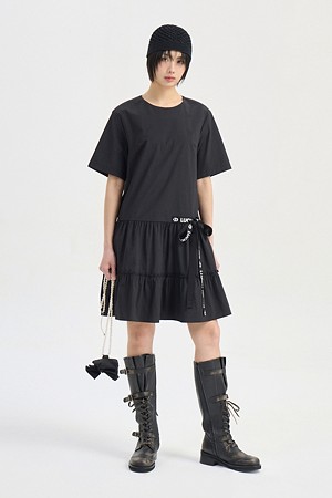 Ribbon Point Short Sleeve Dress (black)