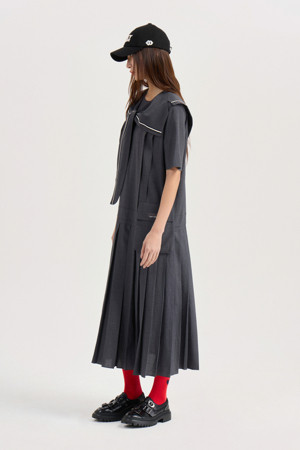 [Atelier] Modified Sailor Collar Short-Sleeve Long Dress (melange grey)