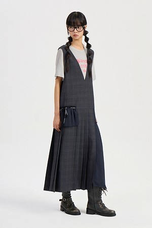 V Neck Layering Check Pleats Dress (multi color)