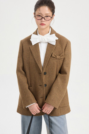 Check Ribbon Embroidery Single Jacket (beige)