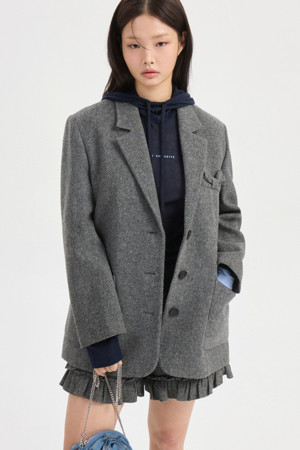 Check Ribbon Embroidery Single Jacket (grey)