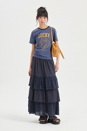 Check Mix Ruffle Banding Long Skirt (multi color)