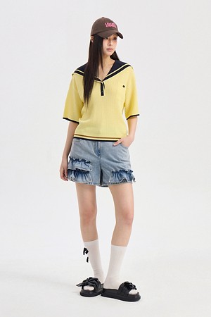 Ruffle Point Back banding Denim Short Pants (blue)