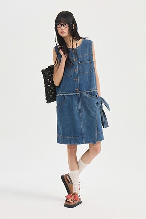 Ribbon Point Denim Midi Dress (blue)