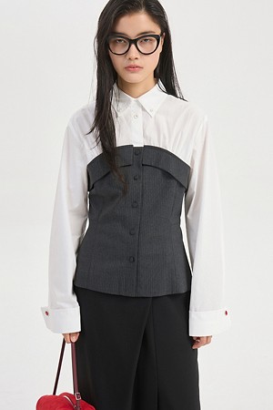 Color-Block Bustier Shirt-Style Blouse (dark grey)
