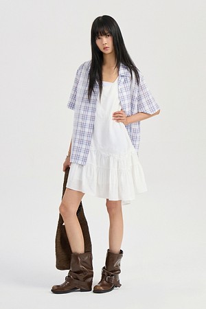 Lace Point Check Shirt Type Blouse (blue)