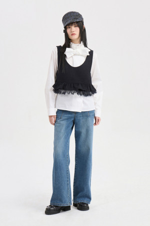 Hem Mesh Blend Tweed Blouse (dark navy)