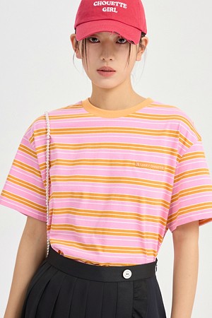 Neck Color Blend Stripe Basic Fit Short Sleeve T-shirt (pink)