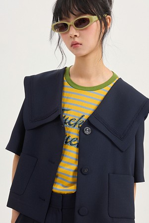 Neck Color Block Stripe Short Sleeve T-shirt (mustard)