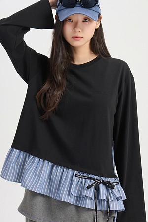Stripe Woven Color Blend Long Sleeve T-shirt (black)