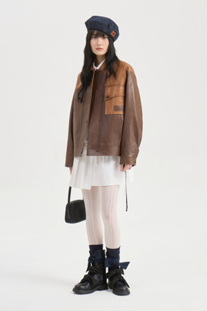 [Atelier] Two-Tone Collar Vegetable Real Leather Jumper (brown)