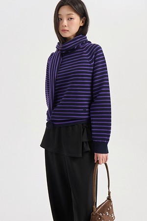 Muffler Set Stripe Knit Pullover (purple)