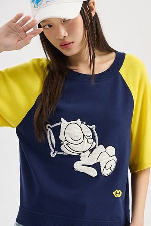 [FELIX X LUCKY CHOUETTE] One Point Short Sleeve Knit Pullover (navy)