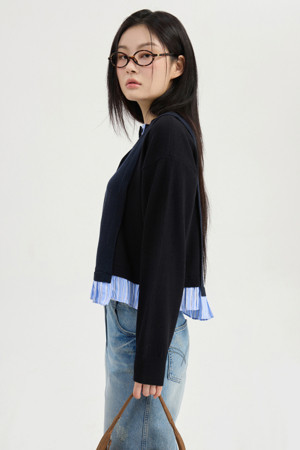 Hem Woven Patch Knit Cardogan (dark navy)