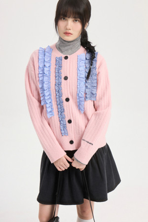 Check Woven Frill Knit Cardigan (pink)