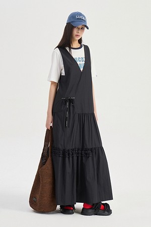 Lettering Tape Point Layering Long Dress (black)