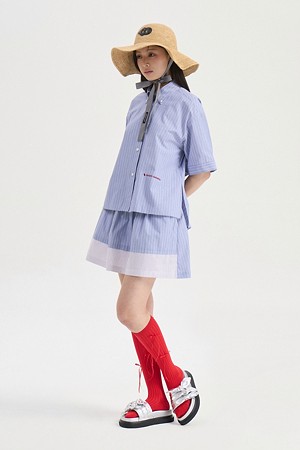 Hem Color Blend Stripe Short Sleeve Dress (blue)