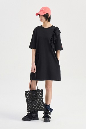 Ruffle Point Short Sleeve Jersey Mini Dress (black)