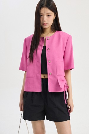 Round Neck Linen Short Sleeve Jacket (pink)