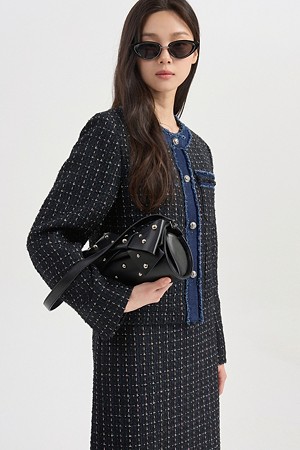 Denim Trimming Tweed Crop Jacket (navy)