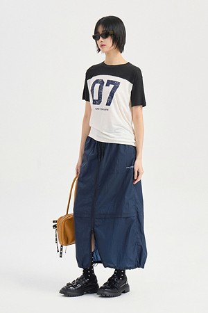 Front Zipper H-Line Banding Long Skirt (dark navy)