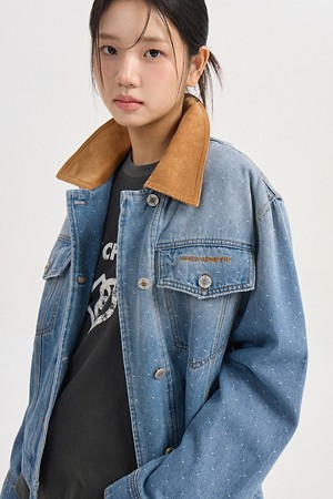 Corduroy Collar Punching Denim Jacket (blue)