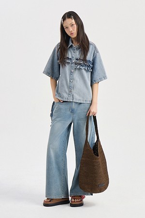 Ruffle Point Back banding Denim Pants (blue)