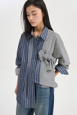 Ribbon Point Stripe Color Block Blouse (multi color)