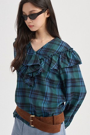 Frill Detail Check Blouse (green)