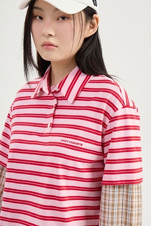 Sleeve Color Blend Collar Long Sleeve T-shirts (pink)