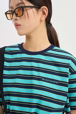 Neck Color Blend Stripe Basic Fit Short Sleeve T-shirt (blue)