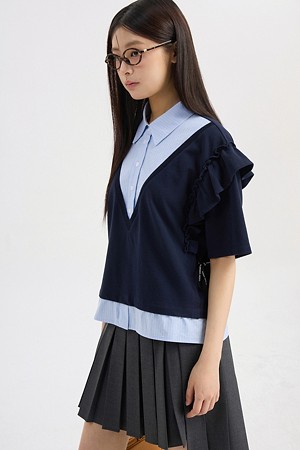 Stripe Color Blend Collar Short Sleeve T-Shirt (dark navy)