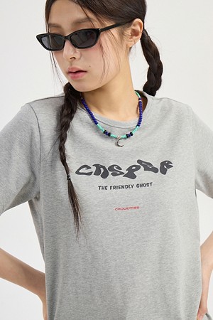 [CASPER X CHOUETTIES] Lettering Graphic Slim Fit Short Sleeve T-Shirt (melange grey)