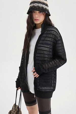 Chouetties by LUCKY CHOUETTE_Loose Fit Crochet Zip-Up Jumper (black)