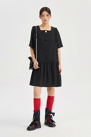 Frill Point Short Sleeve Poly Mini Dress (black)