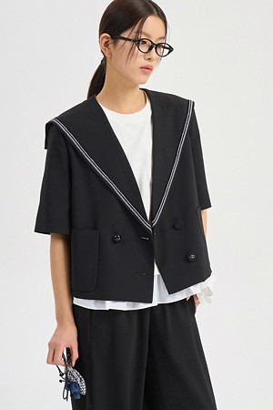 Sailor Back Pleats Short Sleeve Poly Jacket (black)