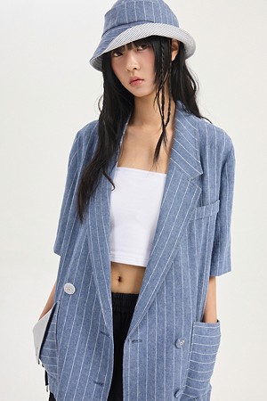 Denim Like Stripe Short Sleeve Jacket (blue)