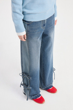 Ribbon Point Wide Denim Pants (blue)