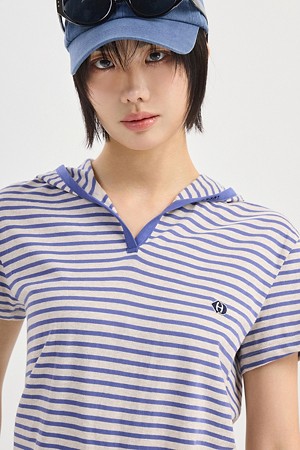 Stripe Hood Short Sleeve T-shirt (blue)