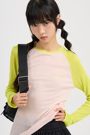 Sleeve Color-Block Slim Fit Long Sleeve T-shirt (light pink)