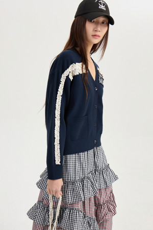 [Atelier] Woven Frill Knit Cardigan (dark navy)