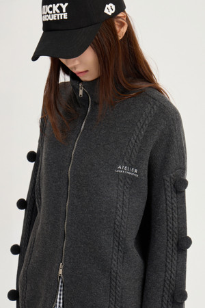 [Atelier] Pompom Zip-up Knit Cardigan (dark grey)