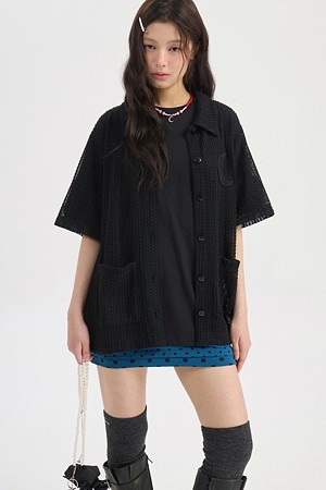 Chouetties by LUCKY CHOUETTE_Moon Point Crochet Short Sleeve Shirt Blouse (black)