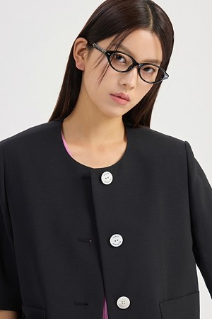 Round Neck Ribbon Point Short Sleeve Jacket (black)