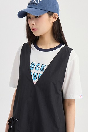 Neck Color Block Basic Fit Short Sleeve T-shirt (white)