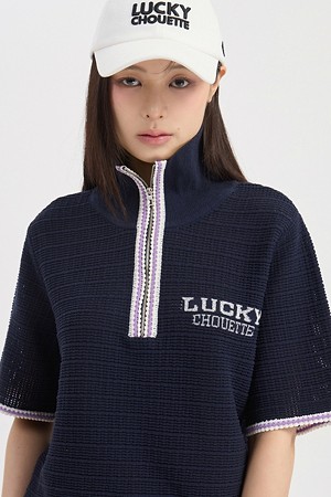 Mesh Collar Short Sleeve Knit Pullover (dark navy)