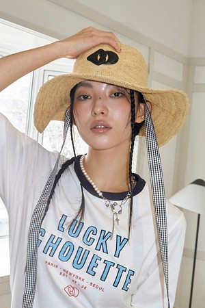 Lettering Wide-Brimmed Raffia Hat (beige)